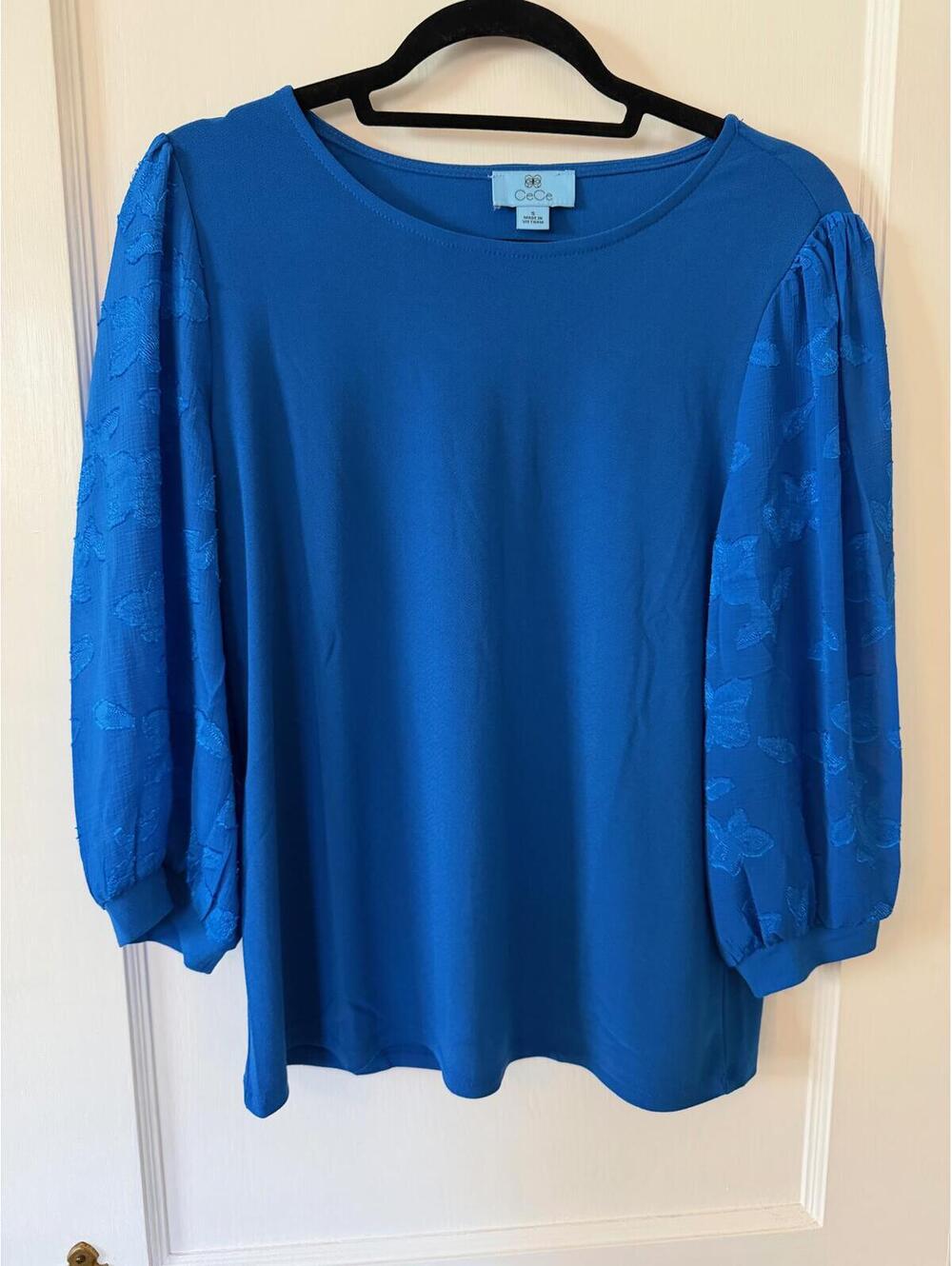 CeCe Blue Blouse Sheer Sleeve Floral Textured Top Size Small